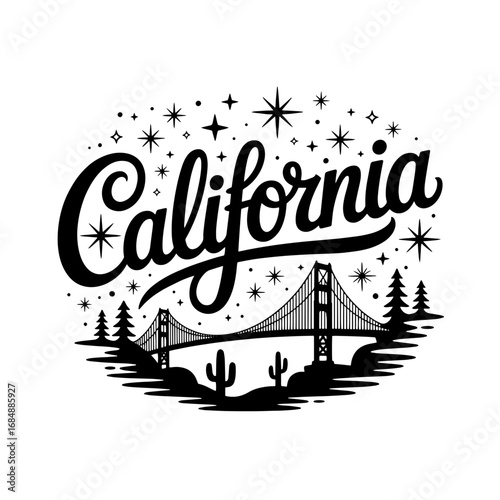 Vintage California design featuring a famous bridge with stars and trees in a minimalist style