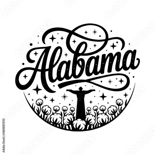 Artistic representation of Alabama featuring a silhouette with cotton plants and stars in a circular design