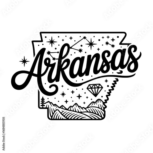Arkansas outline design featuring stars, mountains, and a diamond symbol in a creative black and white illustration
