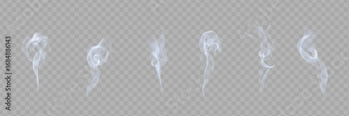 Realistic white cloud or fire smoke in the sky and vector weather element on transparent background. Chimney smoke, fog wave or cloud pattern with overlay effect. Cloud art or smoky air illustration.