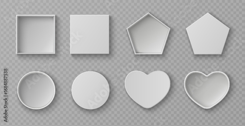 Realistic mockup box set with top view -pentagonal, square and circular containers for packaging designs. White cardboard heart and round lids with shadows. Empty templates for gift packs.