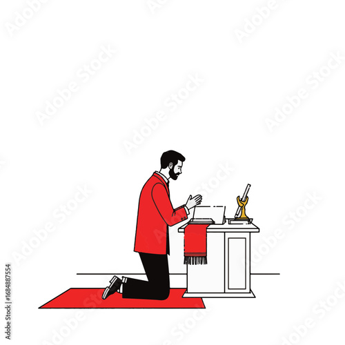 Man kneeling in prayer at minimalist altar, seeking spiritual peace