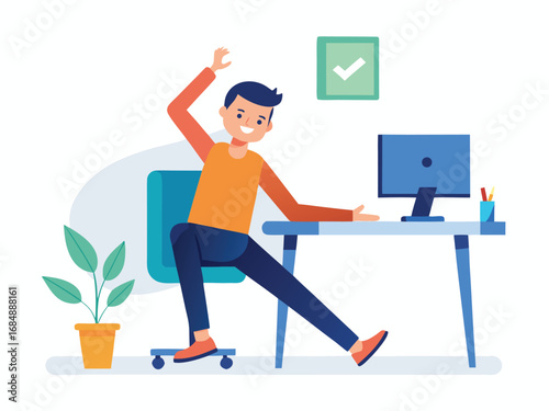 Young man doing desk exercise while sitting on a skateboard at his workspace