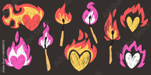 Stylized fire elements with graffiti texture and flame design, burning matches, hearts, pink orange blazes on dark background. Hand drawn illustrations for urban art project, edgy graphic composition
