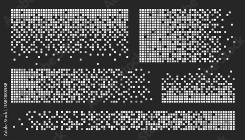 Cube pixel pattern set with white geometric dispersal effects, digital dissolution and data fragmentation for tech designs. Matrix grid backgrounds with scattered blocks. Glitch art transitions