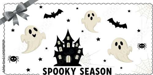 Cute and spooky Halloween season banner featuring adorable ghosts, flying bats, and a mysterious haunted house, perfect for festive celebrations