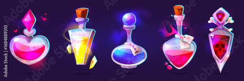 Potion bottle game collection with glowing magical elixirs, poison skull flask and heart shaped love vials for fantasy RPG design. Colorful alchemist containers with corks and mystical liquids.