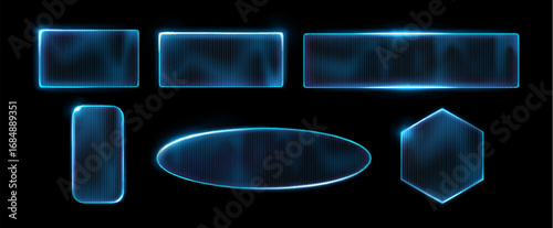 Ribbed glass frames with glossy neon blue glow on black background for modern interface and display design. Transparent panels with vertical lines for futuristic UI elements or digital presentations.