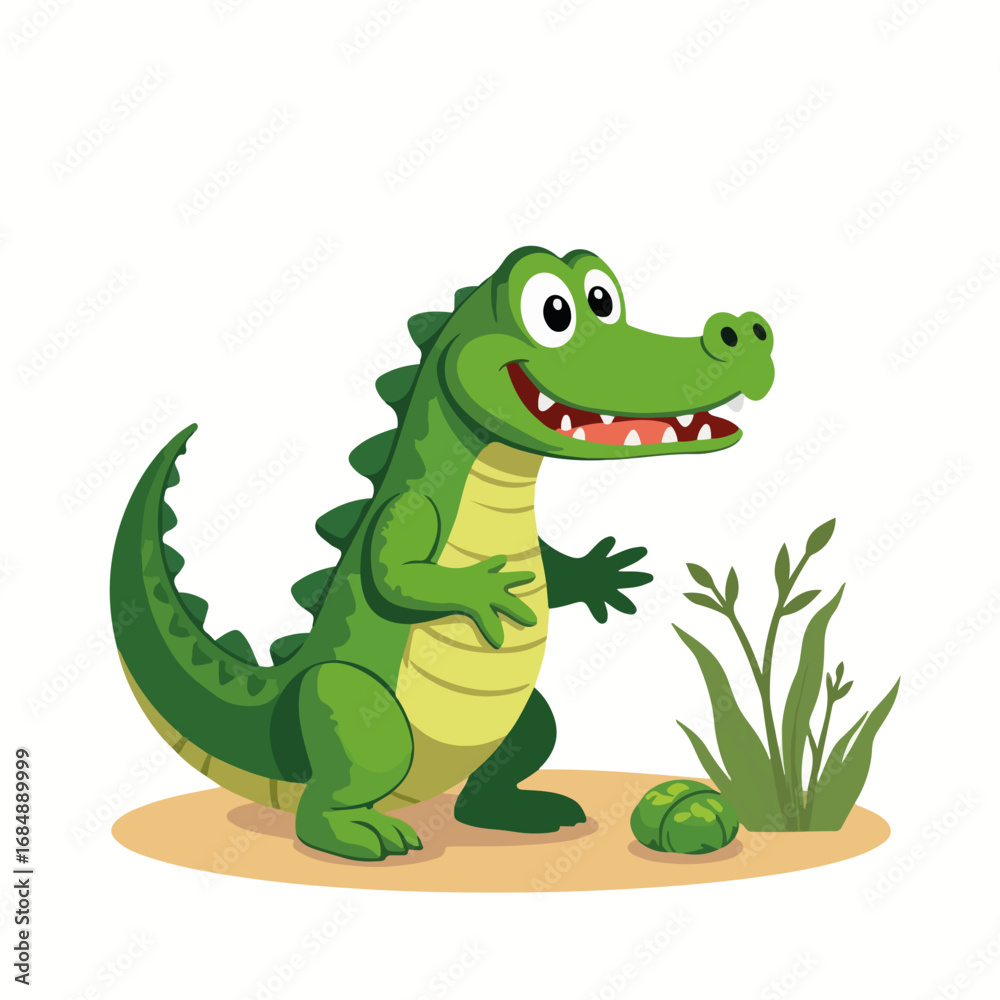 Naklejka premium Animated alligator with charming expression, cartoon alligator posing near lush green plants. Playful alligator illustration evokes childlike wonder and fun, ideal for educational content.