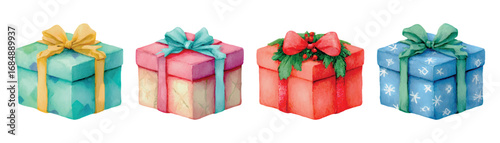 Watercolor set of Christmas gifts. Colored gift boxes decorated with colored ribbon bows and Christmas tree. Christmas and New Year cliparts. Vector illustration.