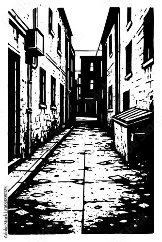Grungy Vector Illustration of a Dark Urban Alleyway Street Scene