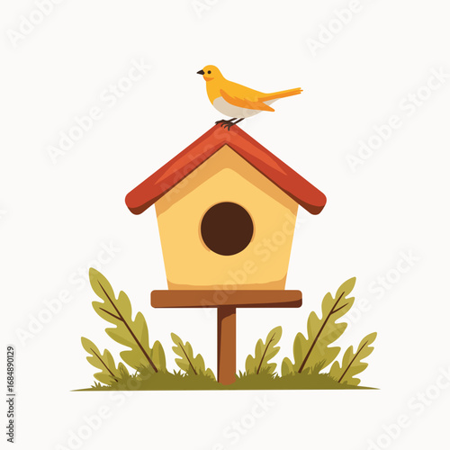 Birdhouse scene with perched bird, a cozy home for nature's creatures. Cute birdhouse is surrounded by greenery, offering shelter and habitat in charming outdoor setting.