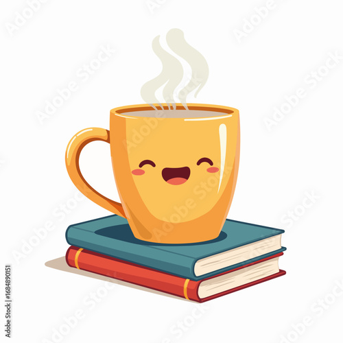 Book and mug illustration with smiling cartoon mug on books. Book and mug are ideal for cozy reading and relaxed atmosphere. Warmth of book and mug combined is perfect for promotion reading, learning,