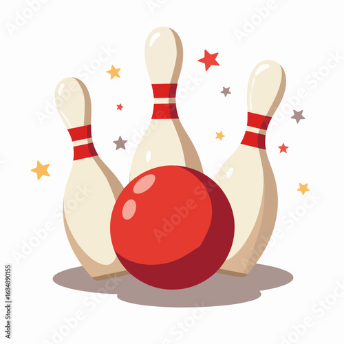 Bowling ball and pins arranged with stars, a vibrant illustration of sport and recreation. Bowling ball and pins symbolize friendly competition, teamwork and leisure activities.