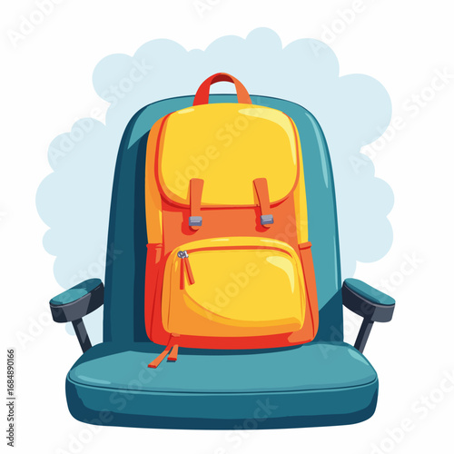 Bright backpack on bus seat for travel, showing a vivid orange and yellow rucksack. Bright backpack indicates a journey, sitting on upholstered bus seat against simple backdrop.