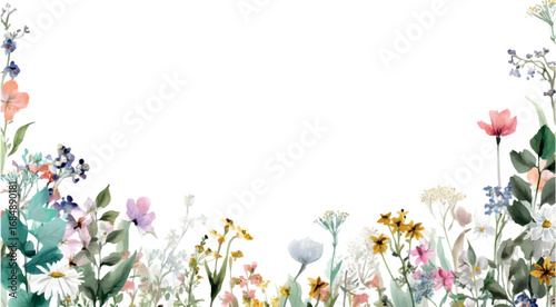 Watercolor wildflowers on a white isolated background. Minimalistic hand-drawn field and meadow flowers. Frame with watercolor summer flowers in rustic style.
