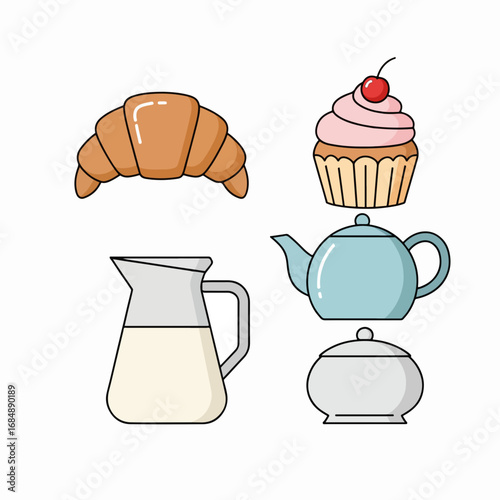 Croissant cupcake teapot, minimal cafe menu icon set illustration, featuring a pastry, milk, and tea service. Croissant cupcake teapot are delightful treats and beverages to enjoy at local cafe.