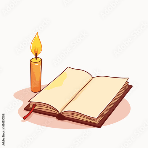 Candle near open sketchbook on light surface showcasing blank pages, inviting creative exploration. Soft candlelight illuminates open sketchbook, suggesting inspiration and artistic endeavors.