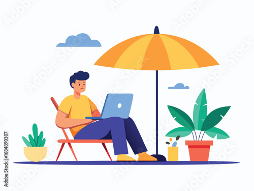 Digital nomad working remotely outdoors under a yellow umbrella enjoying a sunny day