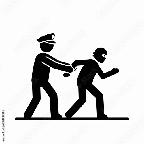 Cop catching criminal silhouette icon presented in black and white, showing arrest process. Cop arrests criminal, symbolizing law enforcement and justice.