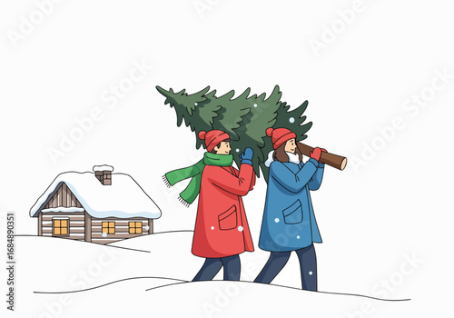 Couple carrying Christmas tree in snow, a heartwarming scene shows them walking towards cabin. Couple carrying Christmas tree through snowy landscape, with winter cabin in background.