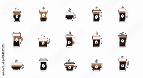 Coffee drinks icon set featuring flat and minimal designs in a grid arrangement. Flat coffee icons provide a variety of different types of coffee beverages.