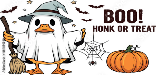 An adorable cartoon duck dressed in a ghost costume with a witch's hat and broomstick celebrates the Halloween holiday next to a pumpkin