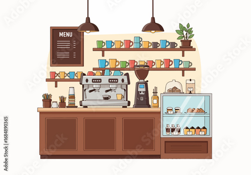 Coffee shop interior with cartoon flat illustration of cozy space. Coffee shop interior scene features coffee machine, counter, and shelves stocked with colorful cups, creating inviting atmosphere.
