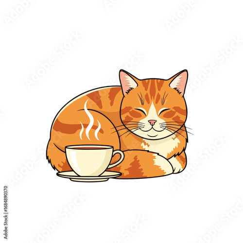 Adorable cozy cat with a cup of tea in gentle colors. Cozy cat lounges contentedly near steaming teacup, rendered in warm hues. This cozy cat illustration provides a charming,