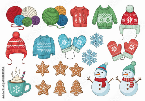 Cozy Christmas knitting icons adorn festive layouts, showcasing warm winter wear and holiday cheer. Cozy Christmas knitting icons include patterned sweaters, adorable mittens, and steaming mugs,