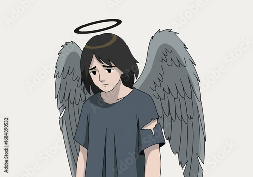 Fallen angel with clipped wings, a somber portrayal of lost grace, depicted in minimalist style. Lost grace concept shows an angel, wings clipped, looking dejected and forlorn.