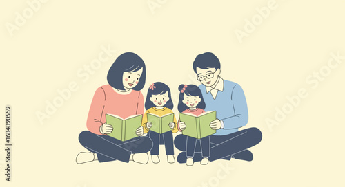 Family reading together is illustrated with parents and daughters reading books, showing a family enjoying story time together. This heartwarming scene captures quality time with loved ones.