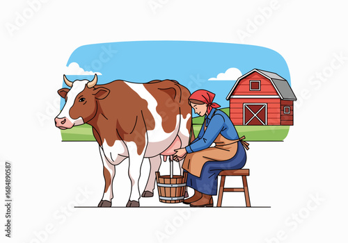 Farmer woman milking cow in countryside, representing rural life and farming practices. Scene shows farmer woman milking cow with barn and blue sky background,