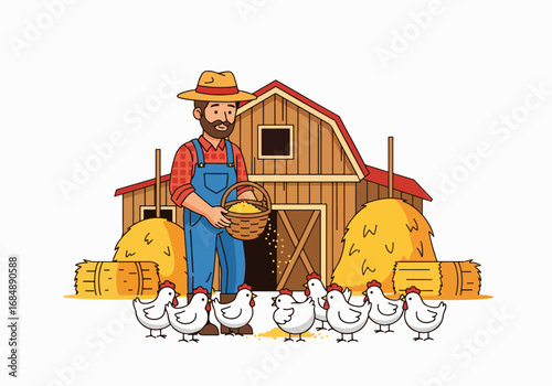 Farmer feeding chickens in farmyard scene with haystacks, barn, and wicker basket, all elements of agricultural life. Farmer feeding chickens with care, illustrating classic rural scene,
