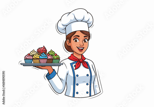Cheerful female chef with cupcakes illustration on white, she is presenting her delicious desserts with a warm smile. Female chef is wearing a white uniform and hat as she displays the cupcakes.