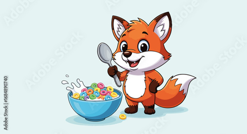Friendly cartoon fox with spoon enjoying colorful cereal in blue bowl. Cheerful fox character stands ready to eat delicious cereal with bright colors and playful design.