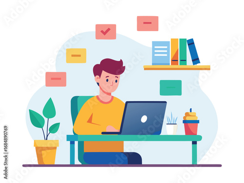 Freelancer working at desk with laptop and brainstorming ideas at home office