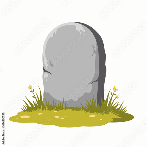 Gravestone with grassy area and wildflowers in foreground. Stone monument stands surrounded by soft grass and cheerful flowers, providing a serene environment.