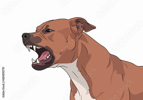 Fierce fighting dog growling in side profile with bared teeth. Aggressive dog displays powerful demeanor and muscular build, showcasing strength and vigilance.