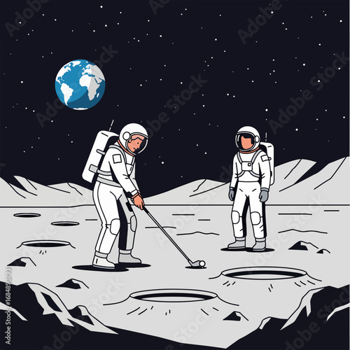 Astronauts playing golf on moon with Earth visible in distance. Two astronauts enjoy unique game on lunar surface, showcasing creativity in space exploration and leisure activities.