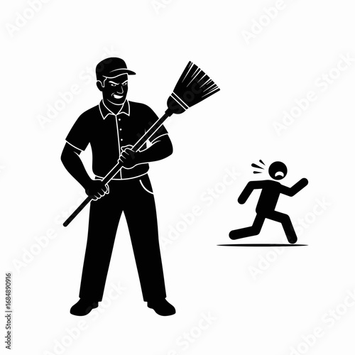 Angry janitor silhouette with broom chasing person.  Janitor is threatening person running away in fear.  This angry janitor image is perfect for security or cleaning service marketing.