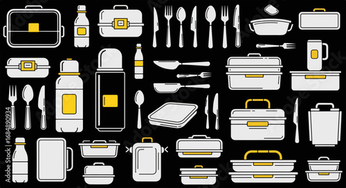 Kitchen picnic items monochrome yellow icon pattern. Stylish kitchen picnic items icons include lunchboxes, cutlery, and drink bottles.