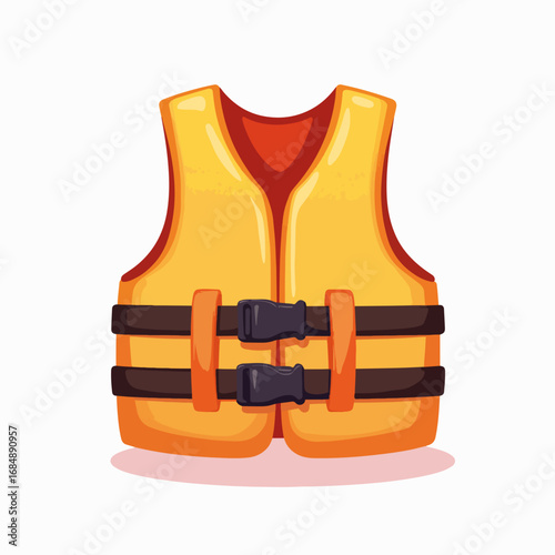 Yellow life vest with black straps. Safety equipment for water sports includes adjustable buckles and comfortable design. Life vest provides reliable protection for boating,