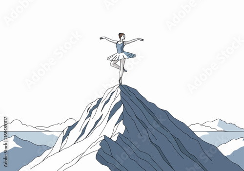 Ballerina on mountain peak, graceful pose, elegant dancer on top of rocky summit, minimalist illustration.  Ballerina achieves peak performance, symbolic of artistry and reaching goals.
