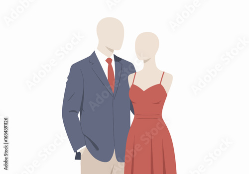 Minimalist fashion illustration of mannequin couple. Stylish male mannequin in suit and female mannequin in red dress. Minimalist couple concept for fashion blogs, websites and social media.