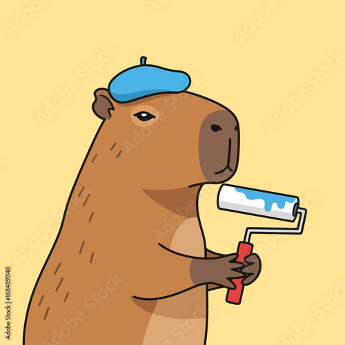 Painting capybara with paint roller and blue beret on bright background, capybara painter is ready to create new masterpieces and bring joy to viewers.