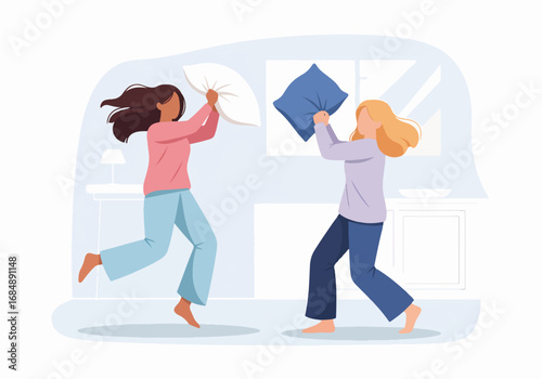 Two women having a pillow fight indoors in this spirited depiction, two women are engaged in pillow fight in room with joyful energy. Embracing fun, these two women pillow fight,