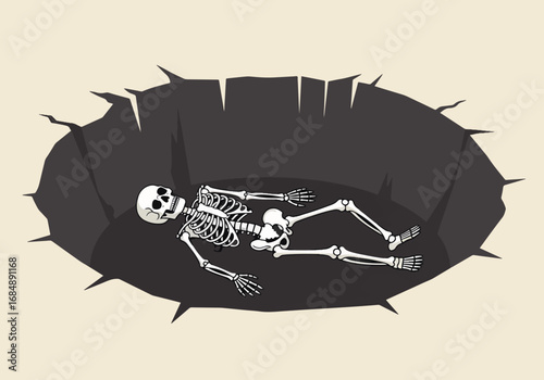 Minimalist skeleton in pit illustration shows human remains lying inside deep hole. Symbolic minimalist skeleton in pit drawing evokes themes of mortality and despair,