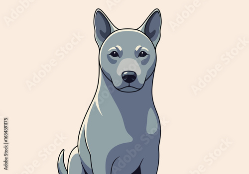 Cute minimalist dog illustration in gray tones shows digital companion. Minimalist dog stands alert, exuding quiet charm, its gentle form and soft hues perfect as mascot.