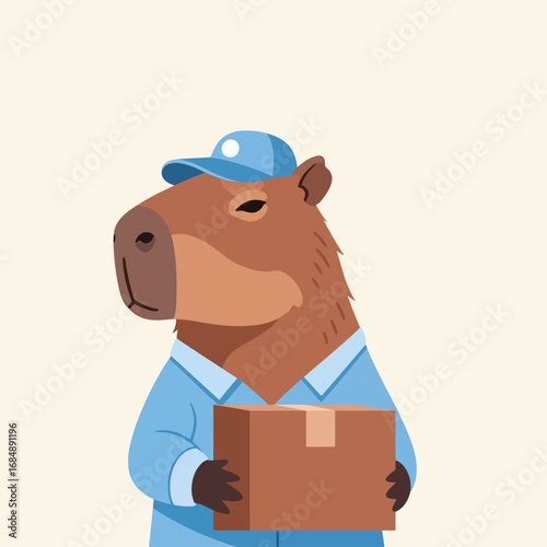 Capybara delivery driver illustration with box and wearing a cap, uniform shirt. Capybara delivery driver delivering goods, box is important for shipping orders, delivering products to consumers.